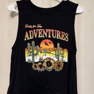 Black Graphic Tank Top with Adventure Print
